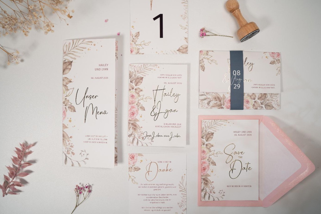 Hochzeitspapeterie-Serie in floralem Rosen-Design